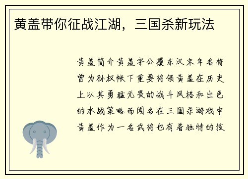 黄盖带你征战江湖,三国杀新玩法